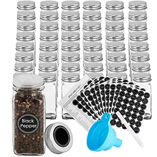 YIBAIKE LEQEE 48 Pcs Glass Spice Jars with 396 Spice Labels,4oz Empty Square Spice Containers with Shaker Lids and Airtight Metal Caps,Chalk Marker and Funnel Included (4oz-48Pack)