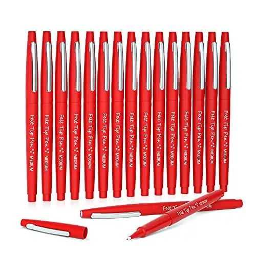 Lelix Felt Tip Pens, 15 Red Pens, 0.7mm Medium Point Felt Pens, Felt Tip Markers Pens for Journaling, Writing, Note Taking, Planner, Perfect for Art Office and School Supplies