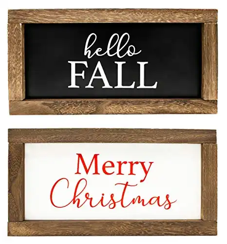 Cam n Honey Reversible Hello Fall | Merry Christmas Rustic Wood Sign | Farmhouse Home Thanksgiving and Holiday Decor | Farmhouse Wall Decor Signs for Fall