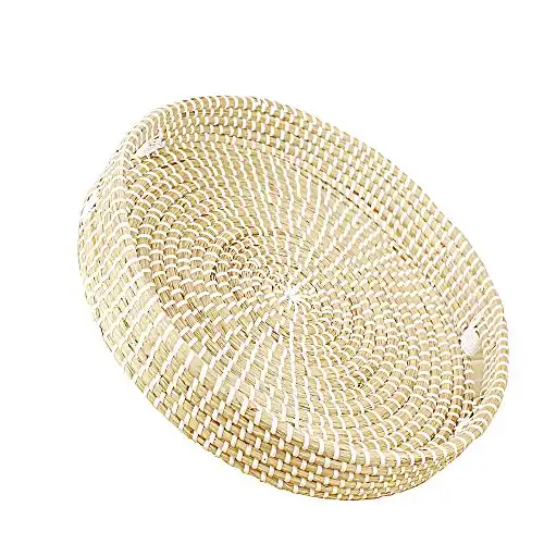 Natural Seagrass Woven Round Serving Tray with Handles Coffee Table Tray Hand Woven Storage Basket for Fruit, Tea, Bread, Breakfast, Drinks, Snack Woven Tray (White Round Tray)