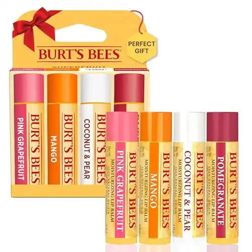 Burt's Bees Lip Balm Stocking Stuffers, Moisturizing Lip Care Christmas Gifts, SuperFruit - Pomegranate, Coconut & Pear, Mango, Pink Grapefruit, 100% Natural (4-Pack)