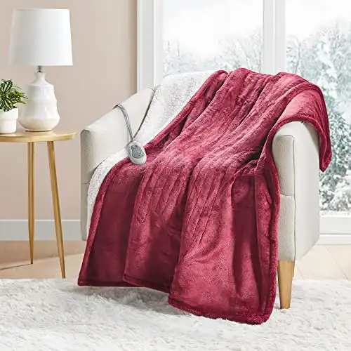 MP2 Kids Heated Plush Sherpa Throw - Electric Blanket for Lap w/ 3 Heating Levels & 2 Hours Auto Shut Off, UL Certified Safety Standard, Machine Washable - 50"x 60", Red