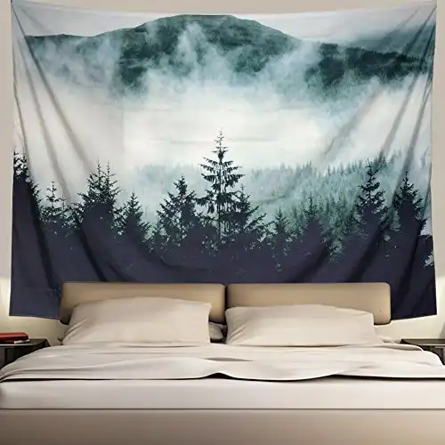 Heopapin Misty Forest with Mountains Tapestry Fog Fantasy Magical Trees Landscape Wall Hanging Mandala Bohemian Wall Tapestry 3D Vision Nature Tree Tapestry Wall Hanging