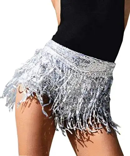 Yollmart Women's Sequins Tassel Skirts Shorts Booty Dance Festival Bottoms-Silver-M