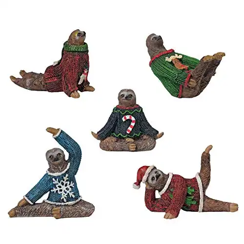 BELLA HAUS DESIGN Yoga Sloth Figurines in Ugly Christmas Sweaters 3" - Polyresin Mini Statue for X-mas Home Decoration, Secret Santa White Elephant Gift Exchange