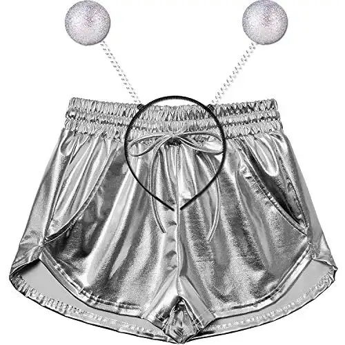 Perfashion Women's Silver Metallic Hot Shorts Summer Yoga Shiny Drawstring Outfits Pairing with A Headband