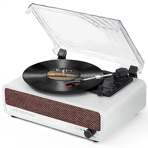Vinyl Record Player with Speaker Vintage Turntable Portable Vinyl Player Support Wireless Input USB AUX-in Headphone RCA Line-Out Adjustable Needle Pressure 3 Speed Belt-Driven Auto-Stop Mirror Design