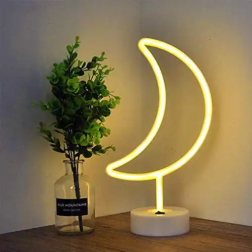 Fiee Moon Shaped Neon Signs,Led Safety Art Wall Decoration Lights Neon Lights Night Table Lamp with Battery Powered/USB for Kids Gift,Baby Room,Wedding(Warm White Moon)