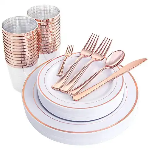 WDF 25Guest Disposable Rose Gold Plastic Dinnerware Set - Rose Gold Plates 25 Dinner Plates 25 Salad Plates 50 Forks 25 Knives 25 Spoons 25 Cups 25 Mini Forks for Wedding, Party