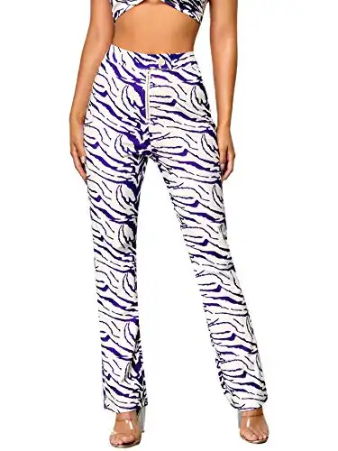 Floerns Women's Zebra Print High Waist Flare Leg Pants Trousers Purple S
