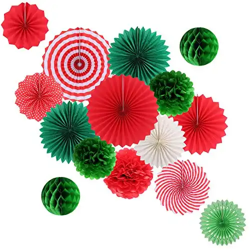 Hanging Party Decorations Set Tissue Paper Fan Paper Pom Poms Flowers and Honeycomb Ball for Christmas Wedding Engagement Graduation Party Decor Green Red Kit
