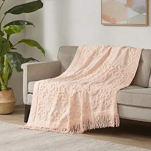 Madison Park 100% Cotton Tufted Chenille Design With Fringe Tassel Luxury Elegant Chic Lightweight, Breathable Cover, Luxe Cottage Room Décor Summer Blanket, 50" x 60", Blush