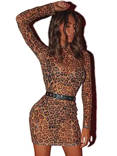 Women's Long Sleeve Bodycon Mini Dress Sexy Sheer Mesh Clubwear Night Out Dresses (M, Sheer mesh Dress Brown Leopard)