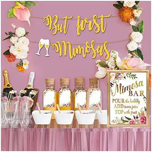 MORDUN Mimosa Bar Sign Banner Tags - Gold Floral Decorations for Bridal Shower Bubbly Bar Champagne Baby Shower Wedding Birthday Party Graduation Fiesta