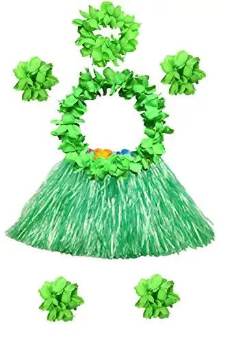 Hawaii 40cm grass skirt with flowers bracelets headband necklace Hula set （7 PC) (Green)