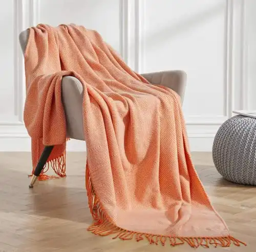 VEEYOO Orange Throw Blanket - Lightweight Extra Soft Throw Blanket for Couch, Tassels Decor Knitted Blanket for Bedroom, Office, Gift, Orange Stripe Travel Blanket 60x80 Inch