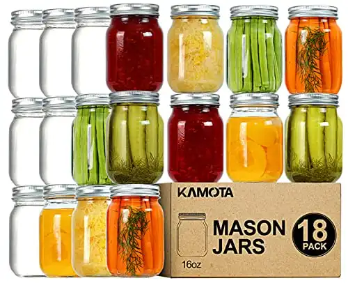 KAMOTA Mason Jars 16 oz With Regular Lids and Bands, Ideal for Jam, Honey, Wedding Favors, Shower Favors,DIY Spice Jars, 18 PACK, 20 Whiteboard Labels Included