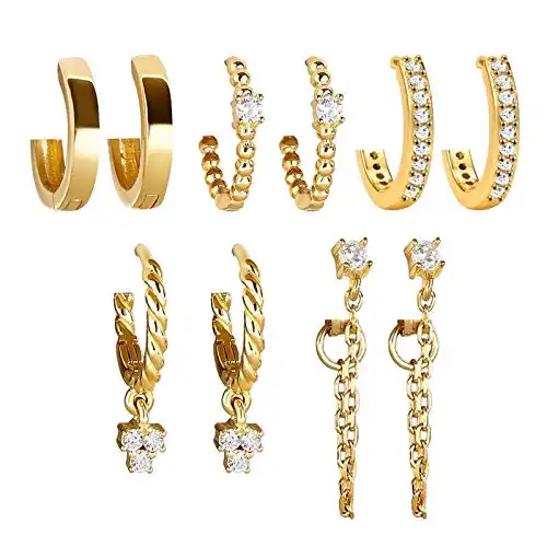 5 Pairs Gold Huggies Hoop Earrings Set for Women Girls Small Dangle Chain Hoop Earrings Jewelry for Gifts