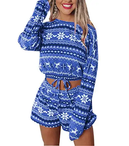 Womens Snowflake Printed Christmas Pajamas Set, Casual Long Sleeve with Shorts Lounge Set 2 Piece Knit Pjs Sleepwear (Blue, S)
