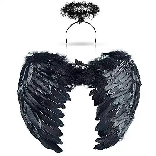Jackcell Angel Wings and Halo Headband For Kids Costumes, Feather Dress up Fancy Cosplay Party for Girls Women Adults (Black, Large 23.6" X 13.8")
