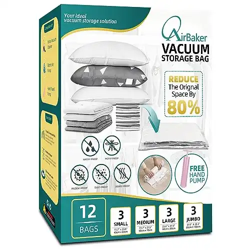 AirBaker Vacuum Storage Bags 12 Pack (3 Jumbo, 3 Large, 3 Medium, 3 Small) Space Saver for Clothes Comforters Blankets Moving Traveling with Travel Pump Vacuum Sealed Clothing Bag