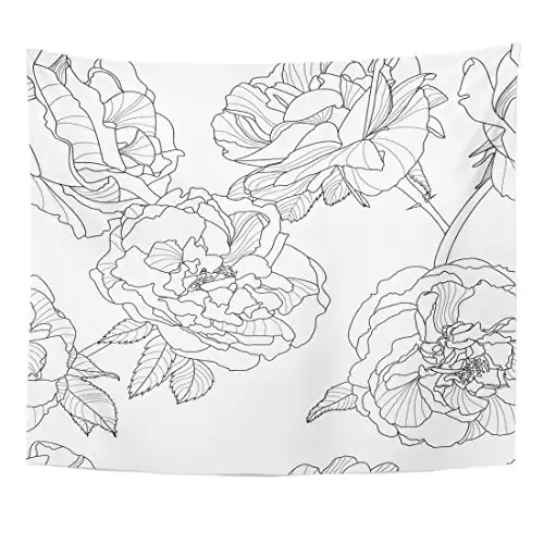 Emvency Tapestry Grey Line Floral Black and White with Outline Rose Flowers Design Linear Home Decor Wall Hanging for Living Room Bedroom Dorm 50x60 inches