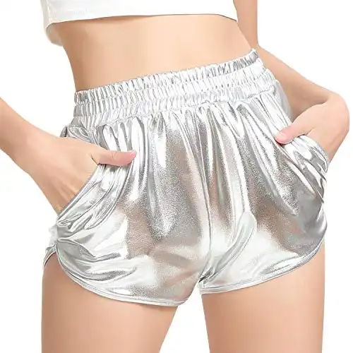 PESION Women's Metallic Rave Shiny Shorts Booty Hot Yoga Dance Disco Pants, Silver Medium