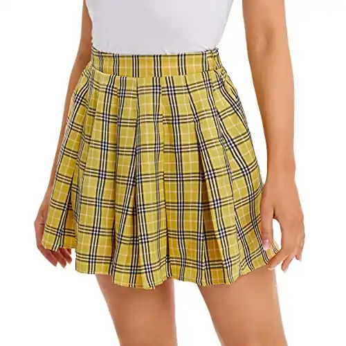WDIRARA Women's Casual Plaid High Waist Pleated A-Line Mini Skirt Yellow Plaid XS