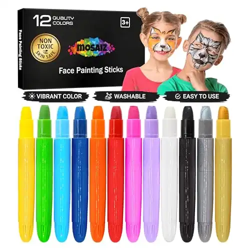 Mosaiz Face Painting Kits for Kids, 12 Colors Water Based Face Paint Kit, Twistable and Washable Paint Sticks for St Patricks Day, Birthday, Halloween, Cosplay Makeup and Body Paints for Adults