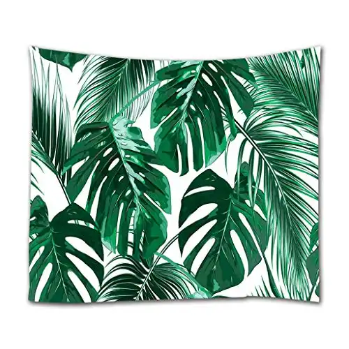 Ihome888 Tropical Leaf Tapestry, Nature Jungle Palm Tree Leaves Tapestries Wall Hanging for Bedroom Living Room Dorm, 80 Inch by 60 Inch, Green White