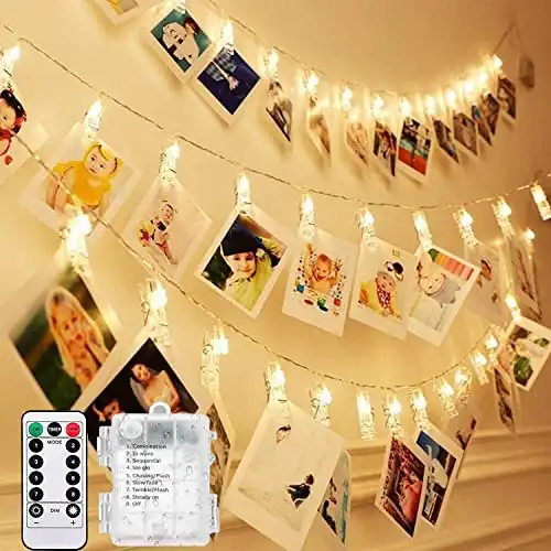 Dimmable 50 Led Photo Clip String Lights with Remote Timer, 8 Modes Fairy Lights with Clips for Pictures, Warm White Home Party Christmas Decorative Light for Hanging Photo Display Stands