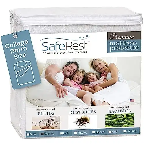 SafeRest Mattress Protector - Twin XL - College Dorm Room Bed Size - Cotton Terry Waterproof Mattress Protector and Cover, Breathable Fitted Mattress Protector with Stretchable Pockets
