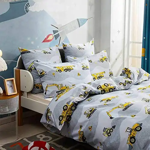 Lurson 2Pcs Kids Boys Duvet Cover Set, Twin Size Cartoon Construction Excavator Tractor Pattern Print on Grey and White, Soft Microfiber Bedding Collections with Zipper Ties for Teen Children