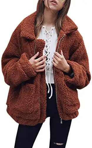 ECOWISH Women Jacket Winter Coat - 2023 Fur Fleece Long Sleeve Sherpa Faux Fuzzy Fall Teddy Fluffy Zip Lapel Outfits Coffee L