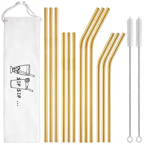 Hiware 12-Pack Gold Stainless Steel Straws Reusable with Case - Metal Drinking Straws for 30oz & 20oz Tumblers Yeti Dishwasher Safe, 2 Brushes Included