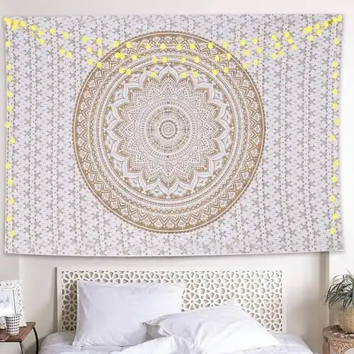 Golden Ombre Tapestry " Gold Tapestry Ombre Bedding Mandala Tapestry Multi Color Indian Mandala Wall Art Hippie Wall Hanging (Gold, 85x55 Inch)