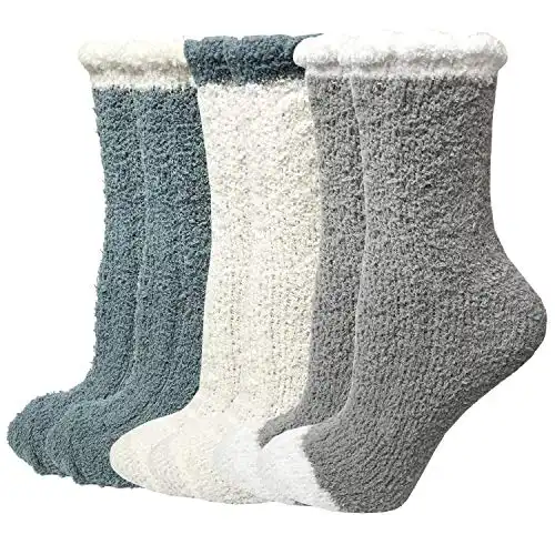 LOTUYACY Womens Girls Cute Slipper Winter Sleeping Crew Fuzzy and Warm Socks (Blue+Gray+White)
