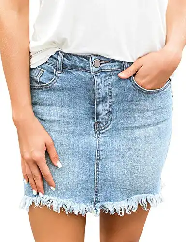 luvamia Women's Casual Mid Waisted Washed Raw Hem Pockets Denim Jean Short Skirt Lapis Air Size Medium Size 8 Size 10