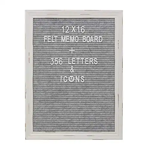 Stonebriar 12x16 Gray Felt Memo Board with White Wash Wooden Frame and 356 letter, numbers, and emojis, 12 X 16