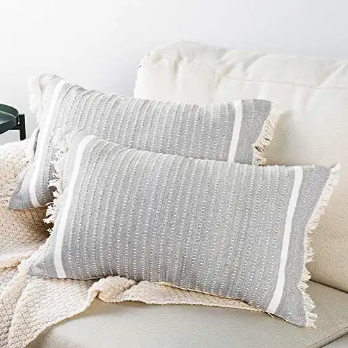 blue page Pack of 2 Comfy Decorative Pillow Covers for Couch Sofa Bed - Home Decoration Solid Woven Striped Soft Pillow Cases with Fringes, Cute Modern Accent Pillowcase