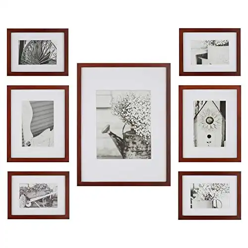 Gallery Perfect 7 Piece Walnut Gallery Wall Kit Picture Frame Set with Decorative Art Prints & Hanging Template, Multi-Size