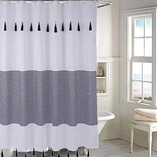 Moii Bohemian Black Tassel Shower Curtain, Fashion Ethnic Black and White Stripe Fabric Bathroom Curtain Shower Curtain Waterproof Fabric Suit, 72 x 72in