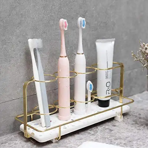 Baffect Electric Toothbrush Holder for Bathroom Corner,Toothbrush and Toothpaste Holder with Diatomite Mat Quick Dry Gold Toothbrush Holder Set 5 Slots (Rectangle, Gold)