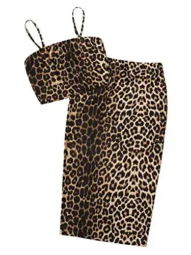 SheIn Women's Sleeveless Leopard Two Pieces Bodycon Skirt and Crop Cami Top Set Leopard Small