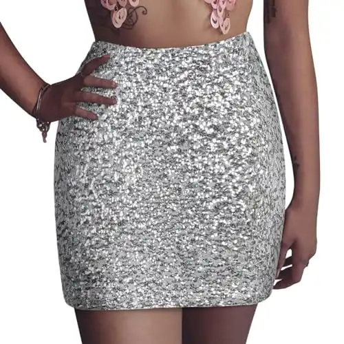 PrettyGuide Women's Sequin Skirt Stretchy Bodycon Sparkle Mini Skirt Night Out S Silver
