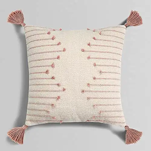 Sungea Farmhouse Pink Throw Pillow Cover, 18 x 18 Square Decorative Pillow Case, Tribal Geometric Tufted Tassels Woven Cushion Cover Accent Neutral Collection for Sofa Couch Living Room
