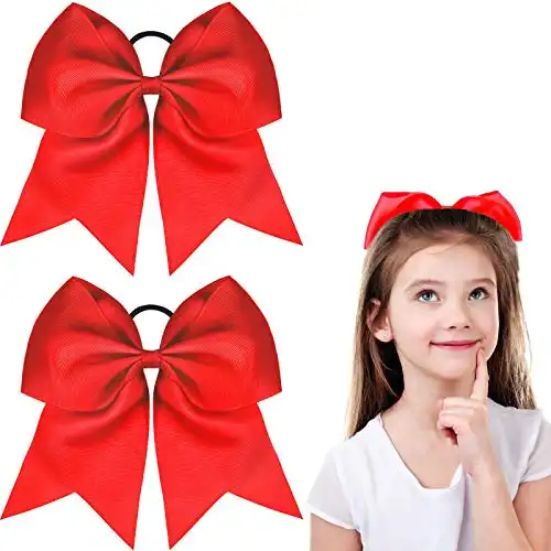 2 Packs Jumbo Cheerleading Bow 8 Inch Cheer Hair Bows Large Cheerleading Hair Bows with Ponytail Holder for Teen Girls Softball Cheerleader Outfit Uniform (Red)