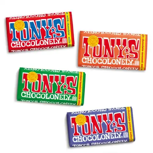 Tony's Chocolonely Milk Chocolate Assortment - Milk Chocolate Hazelnut, Dark Milk Chocolate Pretzel & Toffee, Milk Chocolate Caramel Sea Salt, Milk Chocolate Bars, No Artificial Flavoring - 4...