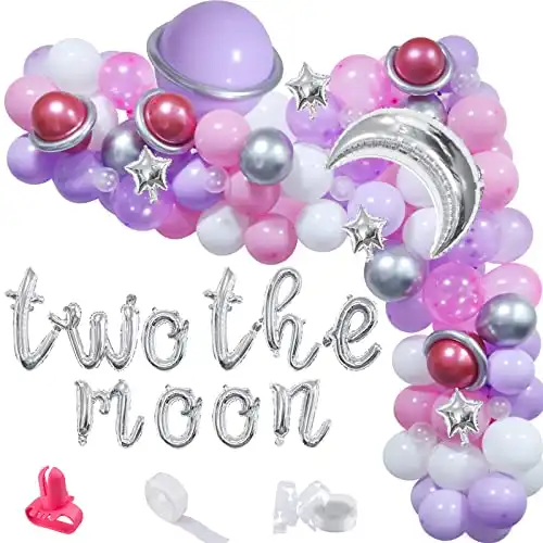 Two the Moon Balloons Arch Garland, Girls Outer Space Birthday Party Balloons Decoration Set with Moon and Star Foil Balloons for Baby 2nd Birthday Party To The Moon Party Twinkle Little Star Supplies