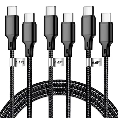 cugunu USB C to USB C Charger Cable, Nylon Braided 3Pack 60W 6.6FT Type C Fast Charging Cord Compatible for iPhone 15 /Pro/Pro Max/Plus, iPad Pro, Air5, MacBook, Samsung, Google - Black